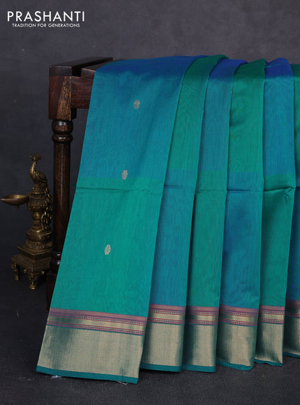 Maheswari silk cotton saree teal green and blue mustard yellow with zari woven buttas and zari woven border