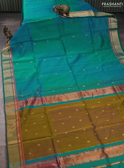 Maheswari silk cotton saree teal green and blue mustard yellow with zari woven buttas and zari woven border