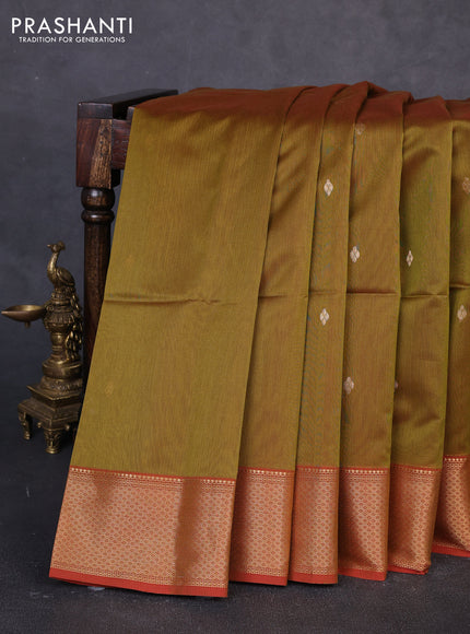 Maheswari silk cotton saree olive green and red with thread & zari woven buttas and zari woven border