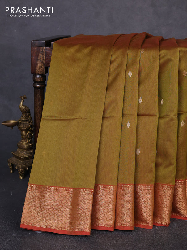 Maheswari silk cotton saree olive green and red with thread & zari woven buttas and zari woven border