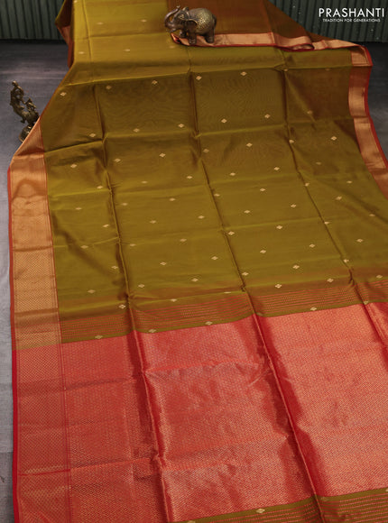 Maheswari silk cotton saree olive green and red with thread & zari woven buttas and zari woven border