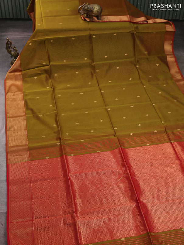Maheswari silk cotton saree olive green and red with thread & zari woven buttas and zari woven border