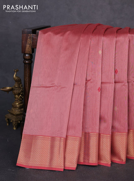 Maheswari silk cotton saree pastel pink and red with thread & zari woven buttas and zari woven border