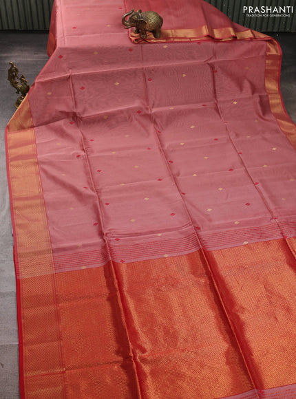 Maheswari silk cotton saree pastel pink and red with thread & zari woven buttas and zari woven border
