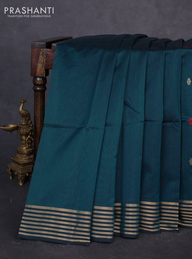 Maheswari silk cotton saree peacock green and maroon with thread & zari woven buttas and zari woven border
