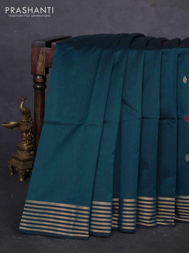 Maheswari silk cotton saree peacock green and maroon with thread & zari woven buttas and zari woven border