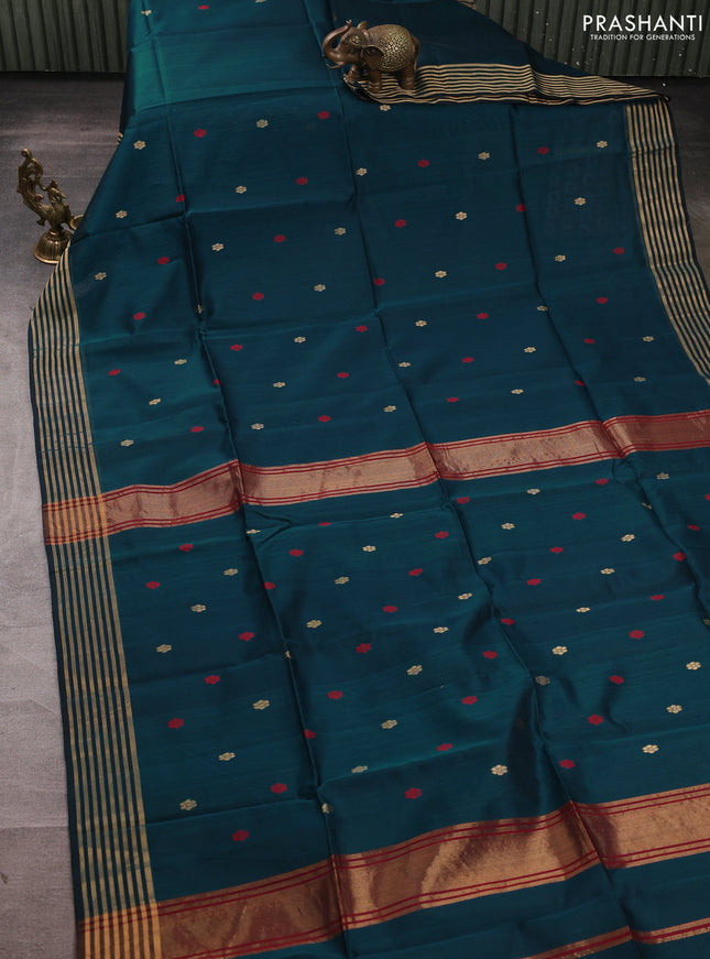 Maheswari silk cotton saree peacock green and maroon with thread & zari woven buttas and zari woven border