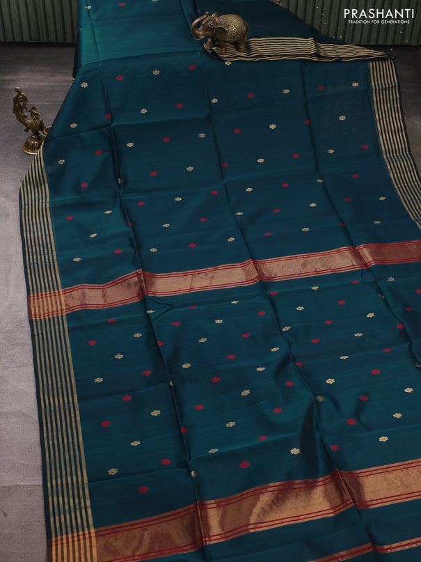 Maheswari silk cotton saree peacock green and maroon with thread & zari woven buttas and zari woven border