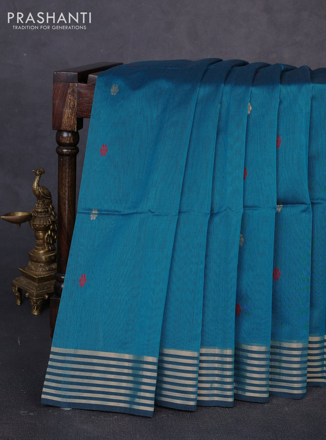 Maheswari silk cotton saree cs blue and maroon with thread & zari woven buttas and zari woven border