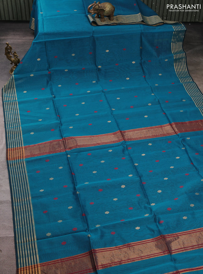 Maheswari silk cotton saree cs blue and maroon with thread & zari woven buttas and zari woven border