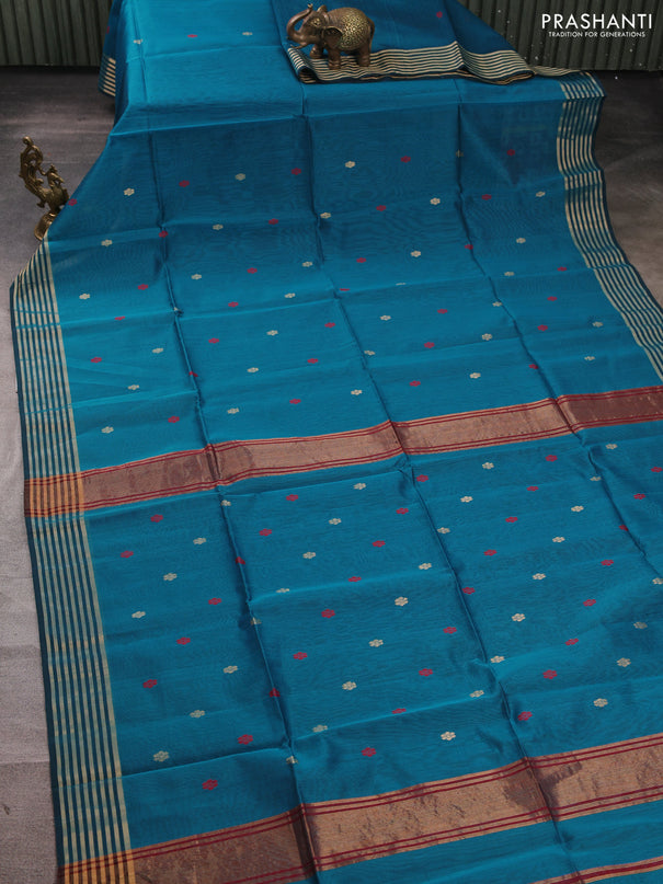 Maheswari silk cotton saree cs blue and maroon with thread & zari woven buttas and zari woven border
