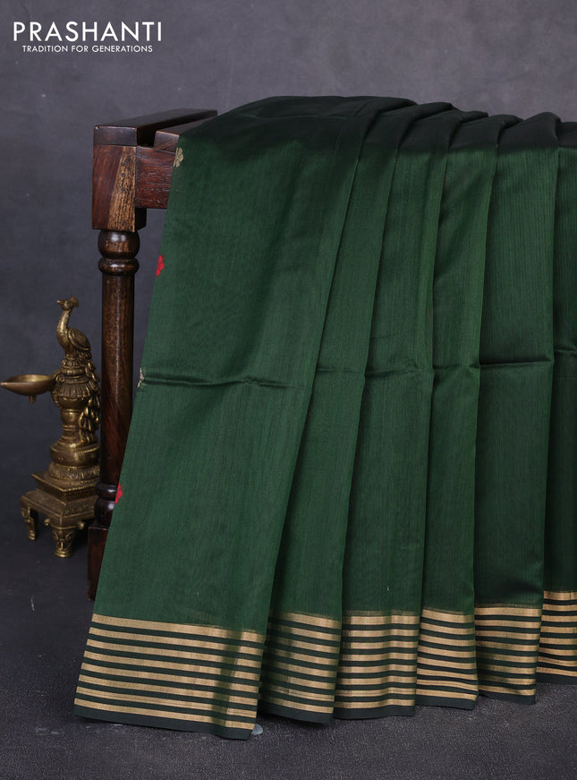 Maheswari silk cotton saree bottle green and maroon with thread & zari woven buttas and zari woven border