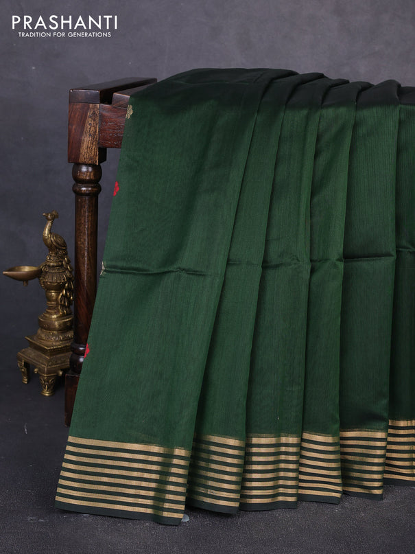 Maheswari silk cotton saree bottle green and maroon with thread & zari woven buttas and zari woven border