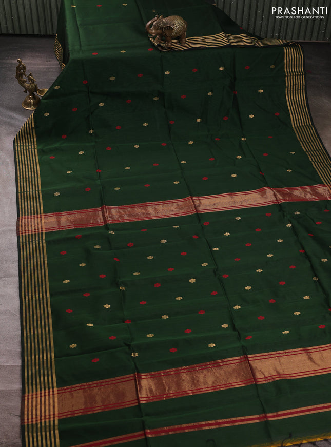 Maheswari silk cotton saree bottle green and maroon with thread & zari woven buttas and zari woven border