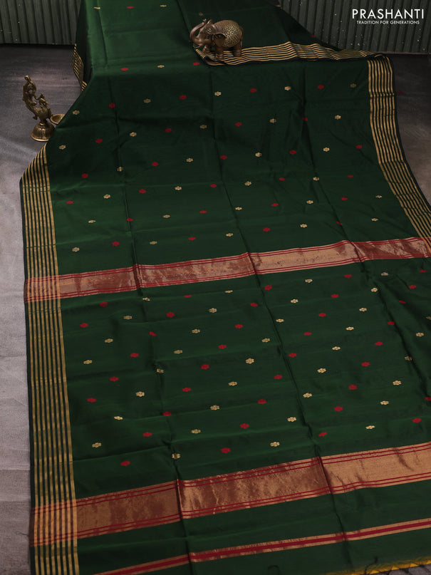 Maheswari silk cotton saree bottle green and maroon with thread & zari woven buttas and zari woven border