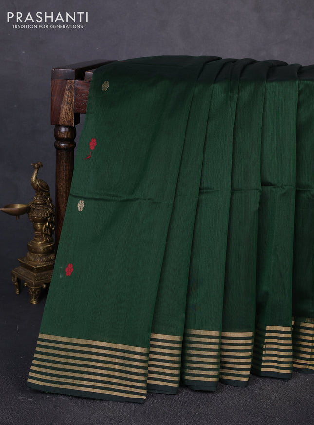 Maheswari silk cotton saree bottle green and black with thread & zari woven buttas and zari woven border