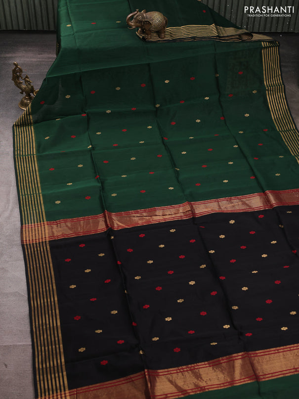 Maheswari silk cotton saree bottle green and black with thread & zari woven buttas and zari woven border