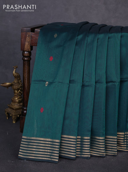 Maheswari silk cotton saree peacock green and black with thread & zari woven buttas and zari woven border