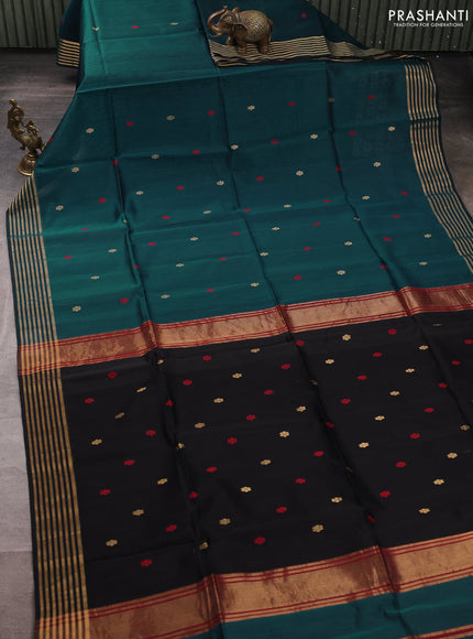 Maheswari silk cotton saree peacock green and black with thread & zari woven buttas and zari woven border