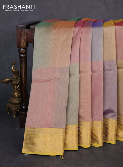 Maheswari silk cotton saree multi colour and lime yellow with plain body and zari woven border