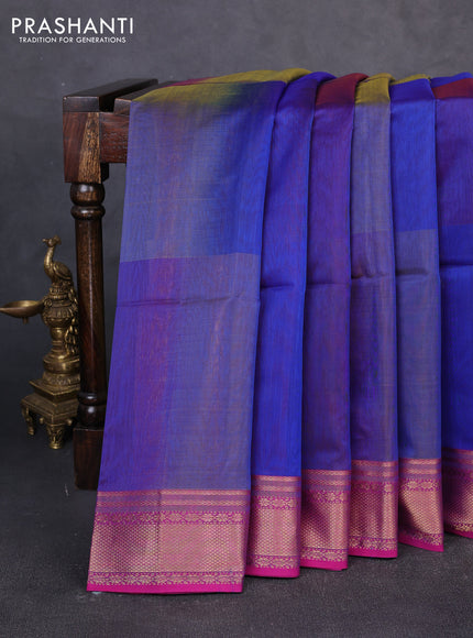 Maheswari silk cotton saree blue and pink with plain body and zari woven border