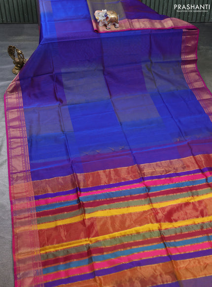 Maheswari silk cotton saree blue and pink with plain body and zari woven border