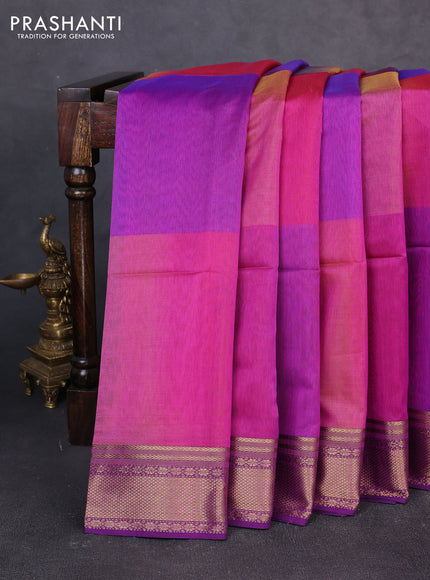 Maheswari silk cotton saree magenta pink and purple with plain body and zari woven border