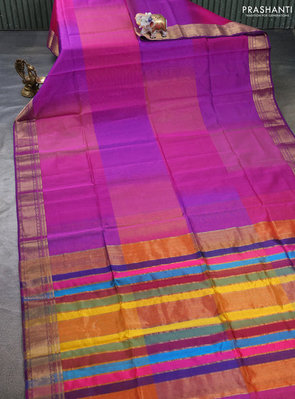 Maheswari silk cotton saree magenta pink and purple with plain body and zari woven border