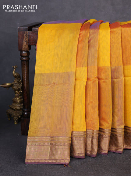 Maheswari silk cotton saree mustard yellow and purple with plain body and zari woven border