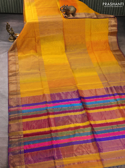 Maheswari silk cotton saree mustard yellow and purple with plain body and zari woven border