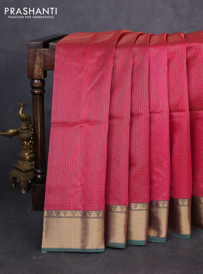 Maheswari silk cotton saree pink and green with allover small zari woven checked pattern and zari woven border