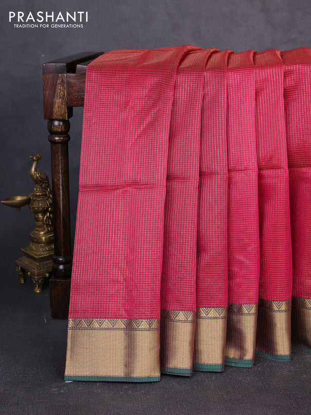 Maheswari silk cotton saree pink and green with allover small zari woven checked pattern and zari woven border