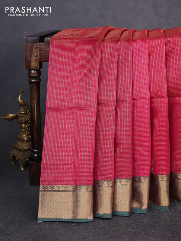 Maheswari silk cotton saree pink and green with allover small zari woven checked pattern and zari woven border