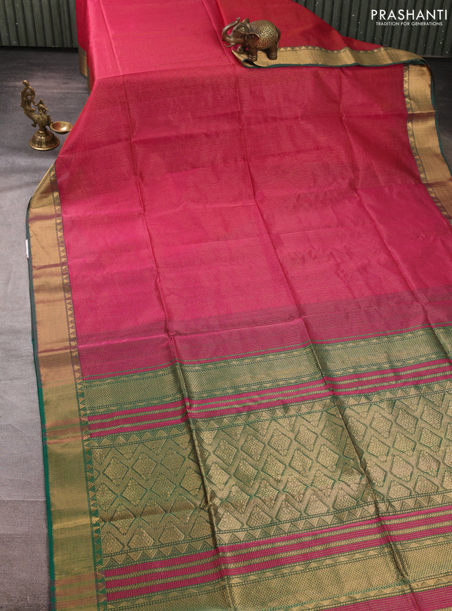 Maheswari silk cotton saree pink and green with allover small zari woven checked pattern and zari woven border