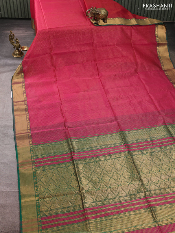 Maheswari silk cotton saree pink and green with allover small zari woven checked pattern and zari woven border