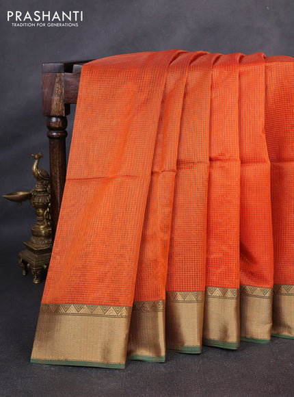 Maheswari silk cotton saree orange and green with allover small zari woven checked pattern and zari woven border