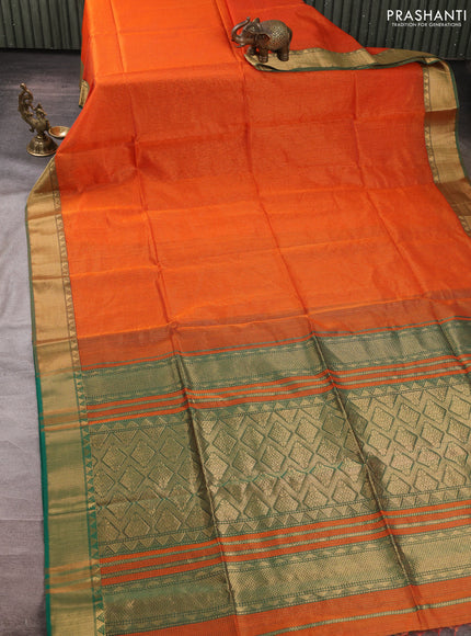 Maheswari silk cotton saree orange and green with allover small zari woven checked pattern and zari woven border