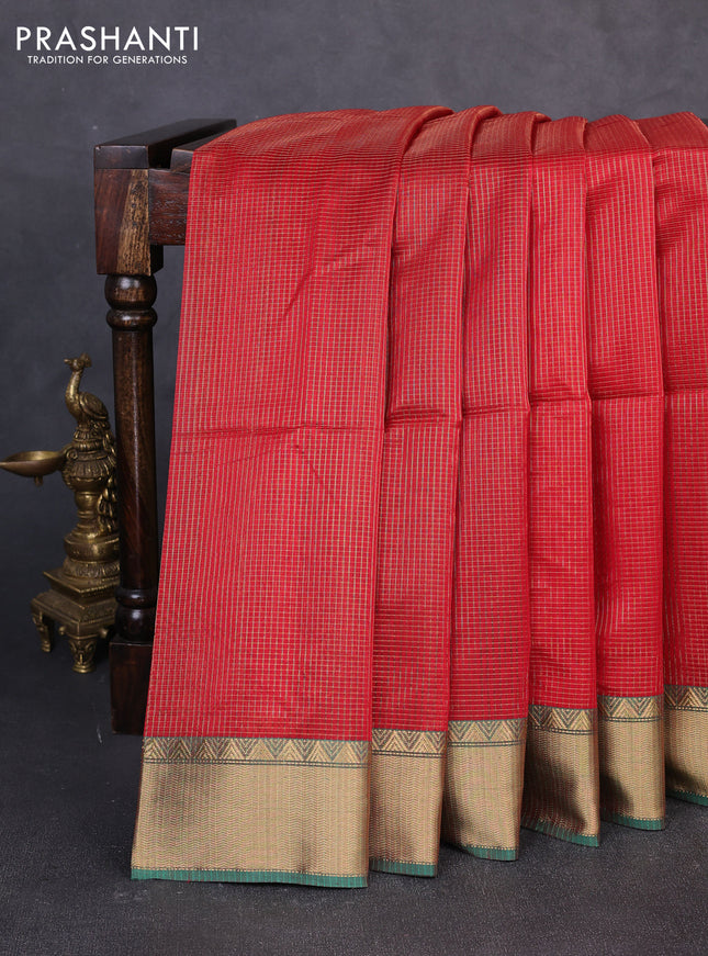 Maheswari silk cotton saree red and green with allover small zari woven checked pattern and zari woven border
