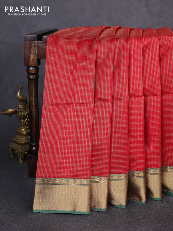 Maheswari silk cotton saree red and green with allover small zari woven checked pattern and zari woven border