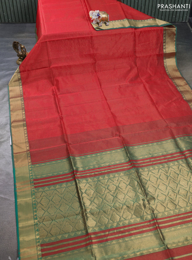 Maheswari silk cotton saree red and green with allover small zari woven checked pattern and zari woven border
