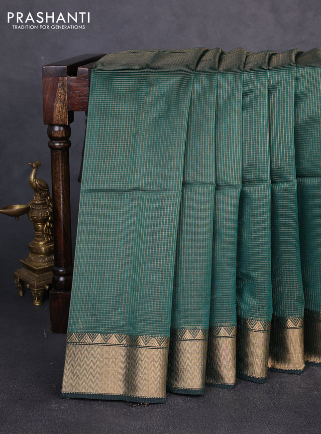 Maheswari silk cotton saree green with allover small zari woven checked pattern and zari woven border