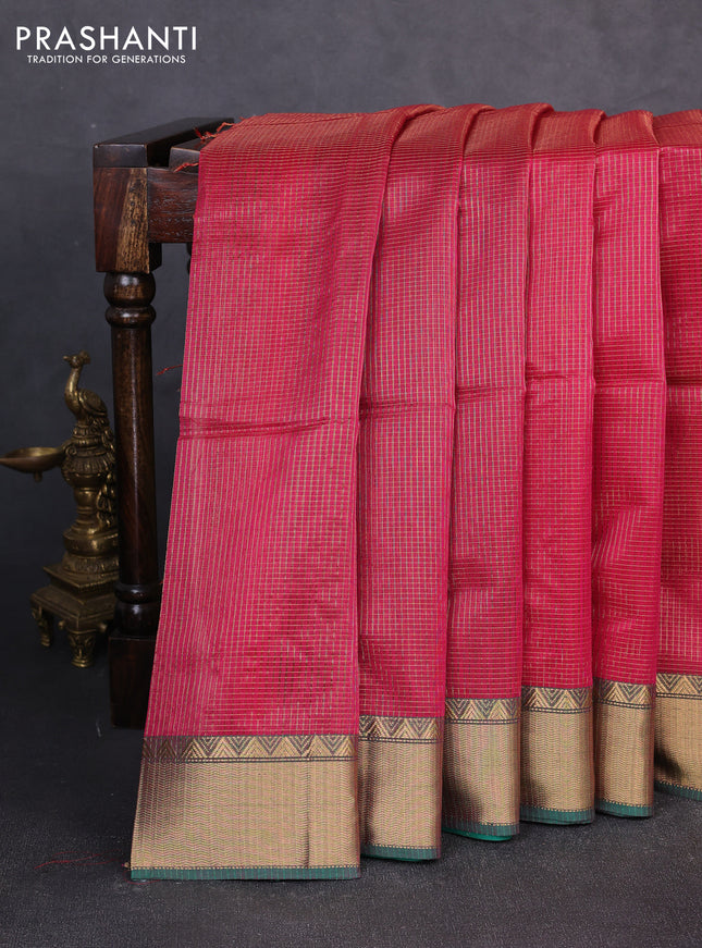 Maheswari silk cotton saree pink and green with allover small zari woven checked pattern and zari woven border