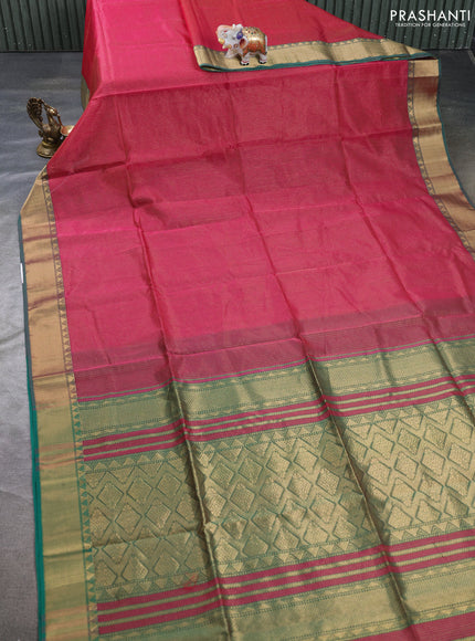 Maheswari silk cotton saree pink and green with allover small zari woven checked pattern and zari woven border