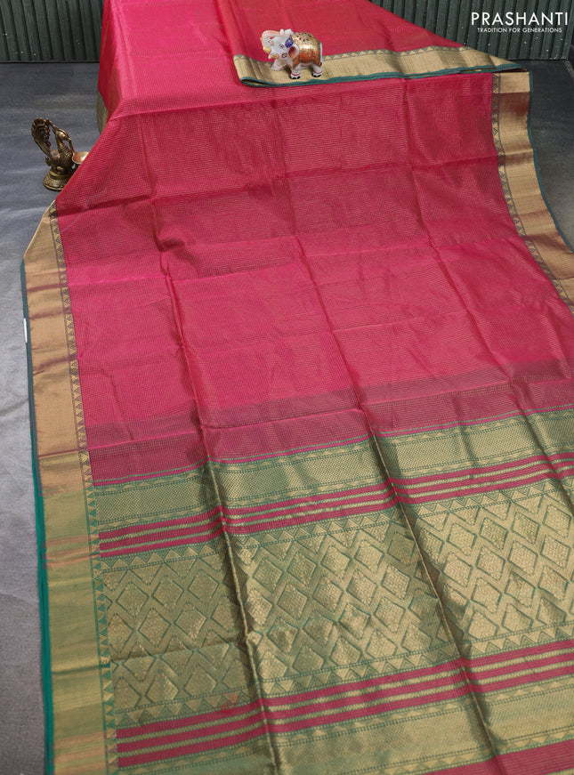 Maheswari silk cotton saree pink and green with allover small zari woven checked pattern and zari woven border