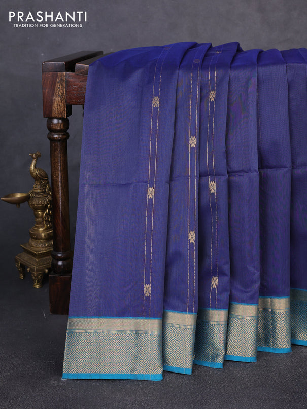 Maheswari silk cotton saree blue and teal blue with allover zari weaves and zari woven border