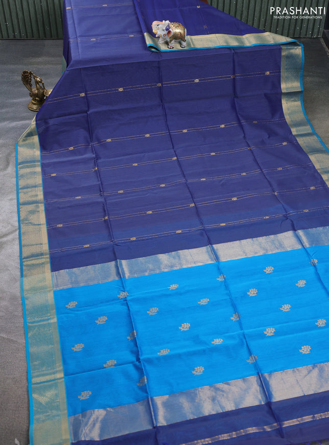 Maheswari silk cotton saree blue and teal blue with allover zari weaves and zari woven border