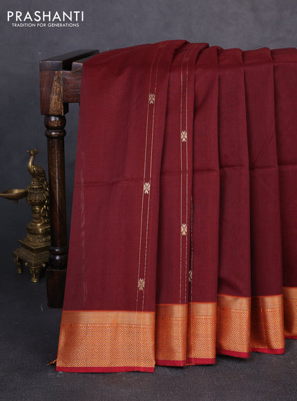Maheswari silk cotton saree maroon and orange with allover zari weaves and zari woven border