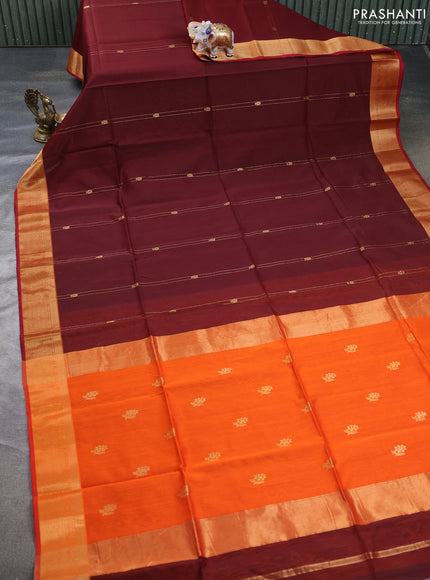 Maheswari silk cotton saree maroon and orange with allover zari weaves and zari woven border