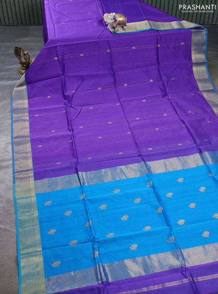 Maheswari silk cotton saree violet and teal blue with allover zari weaves and zari woven border