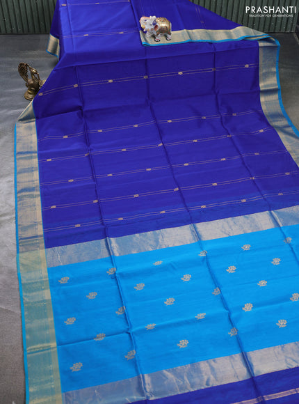 Maheswari silk cotton saree blue and teal blue with allover zari weaves and zari woven border